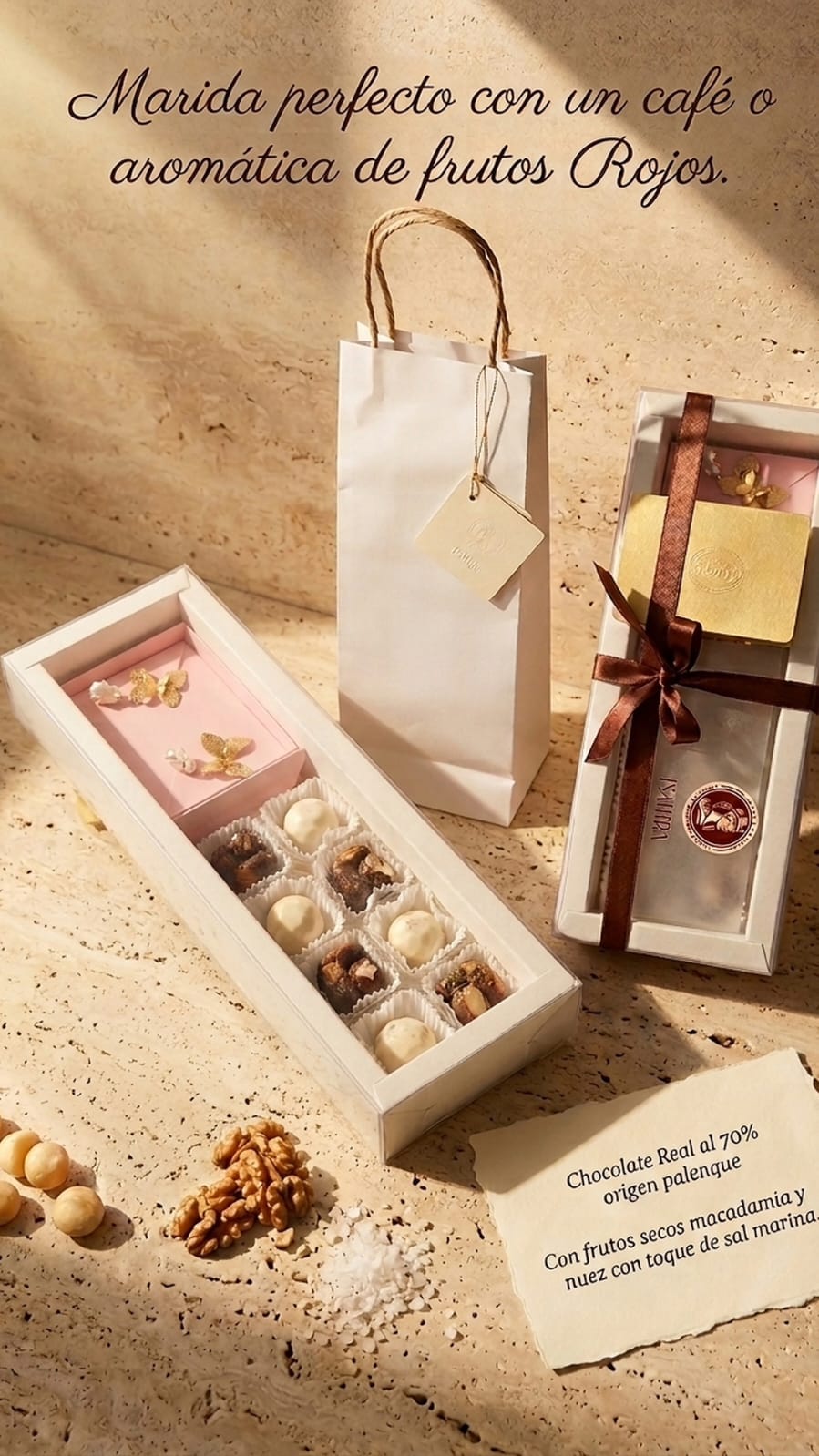 Presentación Isahira con chocolate, frutos secos y empaque de regalo. Sugerencia de maridaje con café o aromática de frutos rojos.