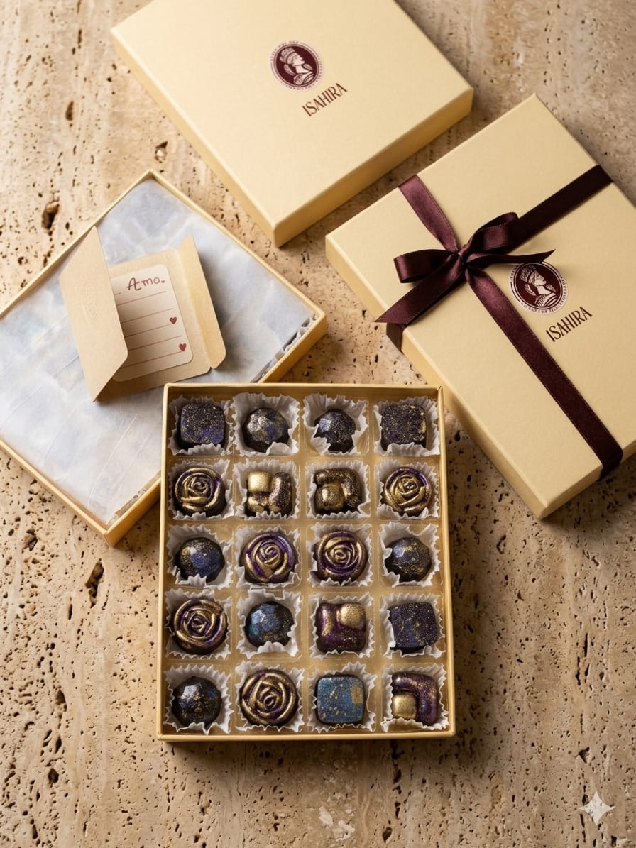 Caja Isahira con bombones decorados en dorado, empaque beige y cinta burdeos